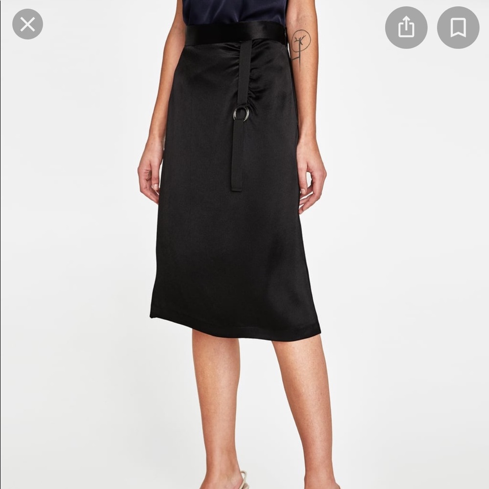 Zara Gathered Satin Skirt in Black
